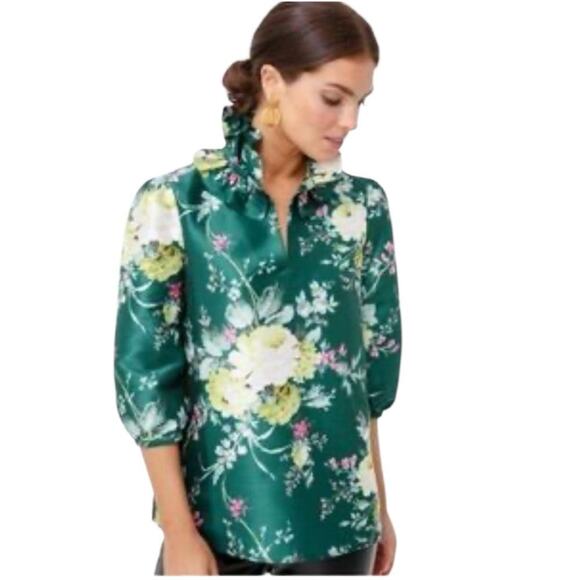 Tuckernuck Bouvier Blouse Green Floral Ruffle Collar Blouson Sleeves Size XS - Picture 1 of 12